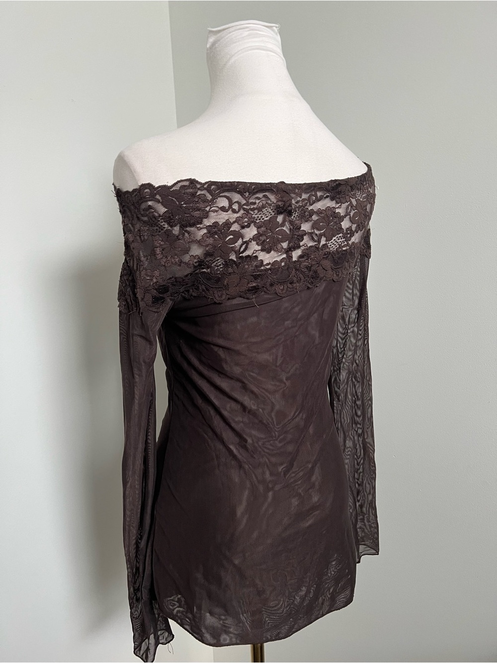 Vintage Whimsigoth Chocolate Brown Lace Mesh Ruched Mini Dress S - Picture 6 of 6